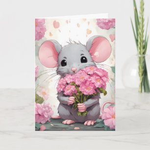 誕生日マウスとピンクの花 カード