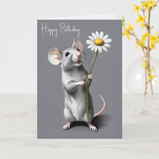 誕生日マウス及び白デイジー カード (黄色い花)