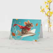 誕生日マウス飛んでいる紙機 カード (黄色い花)