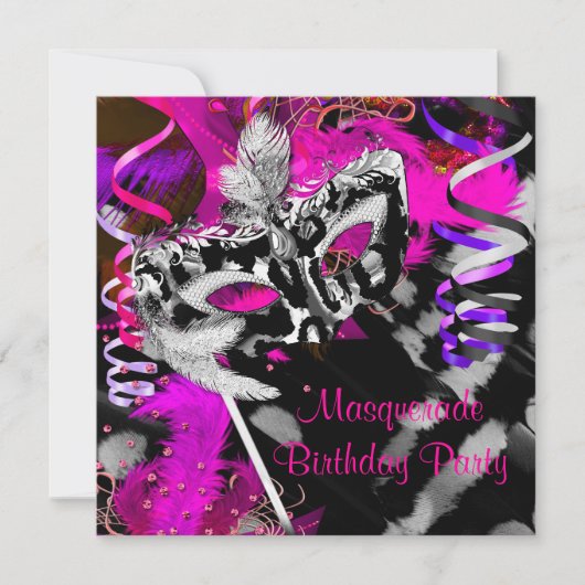 誕生日マスカレードパーティーボール ブラック シルバー ピンク 招待状 (正面)