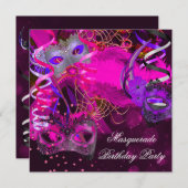 誕生日マスカレードパーティーマスクパープルピンク 招待状 (正面/裏面)