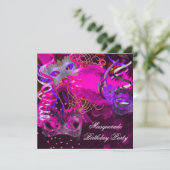 誕生日マスカレードパーティーマスクパープルピンク 招待状 (スタンド正面)