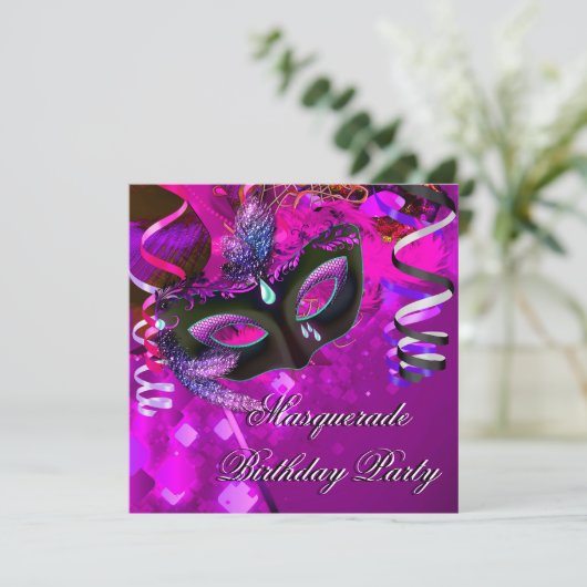 誕生日マスカレードパーティーマスクパープルピンク 招待状 (スタンド正面)