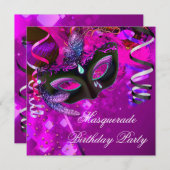 誕生日マスカレードパーティーマスクパープルピンク 招待状 (正面/裏面)