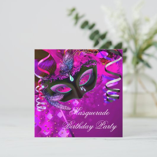 誕生日マスカレードパーティーマスクパープルピンク 招待状 (スタンド正面)