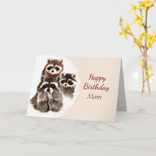 誕生日ママかわいいラクーンファミリー動物 カード (黄色い花)
