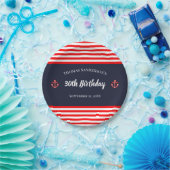 誕生日マリ航海のーンネービーブルーホワイトストライプ ペーパープレート (パーティー)