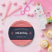 誕生日マリ航海のーンネービーブルーホワイトストライプ ペーパープレート (パーティー)