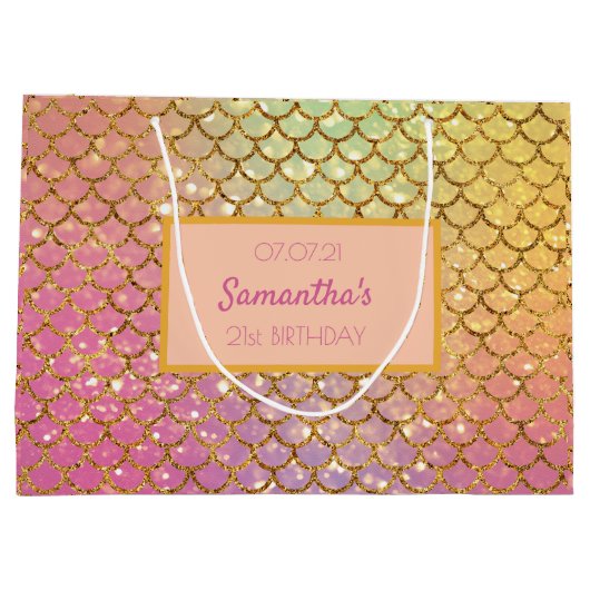 誕生日マーメイドはかりで測ピンパープルグリッター ラージペーパーバッグ (裏面)