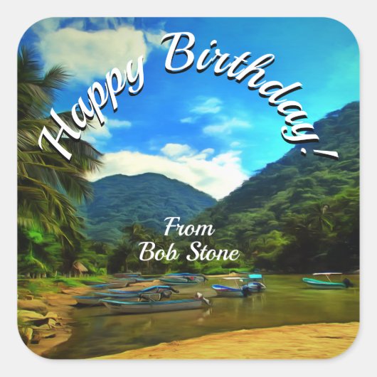 誕生日ミスマローヤリバー魚釣りボート0344 スクエアシール (正面)