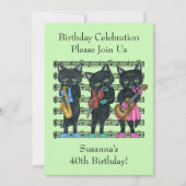 誕生日ミュージシャン黒猫シートミュージックグリーン 招待状 (正面)