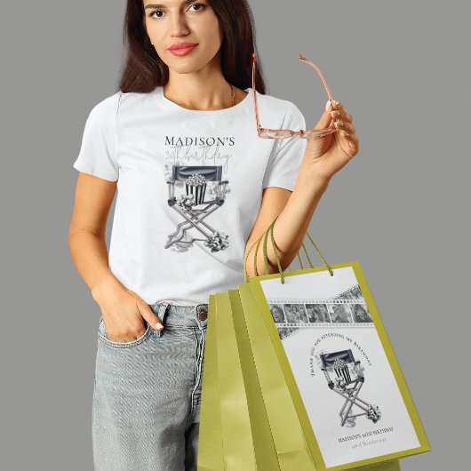 誕生日ムービーナイト白黒カスタム ミディアムペーパーバッグ