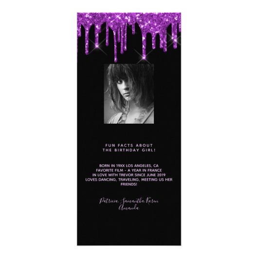 誕生日メニュー黒い紫の写真グリッターおもしろいファクト ラックカード (裏面)