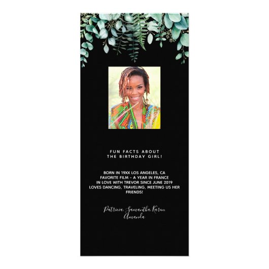 誕生日メニューeucalyptus緑の写真のおもしろい事実 ラックカード (裏面)