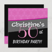 誕生日モダンのピンクと黒の花の星模様 招待状 (正面/裏面)