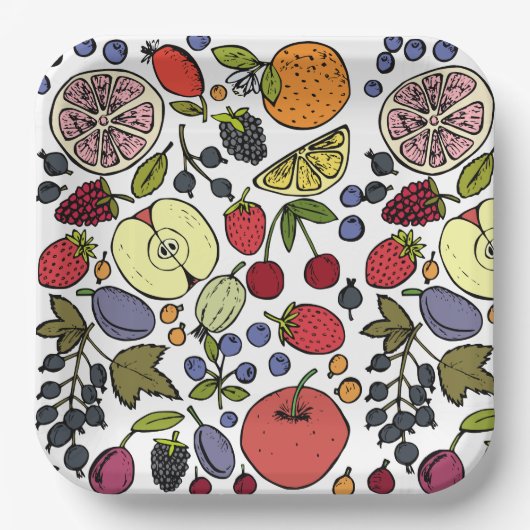 誕生日モダンパーティーのフルーツパターンlホワイト ペーパープレート (正面)