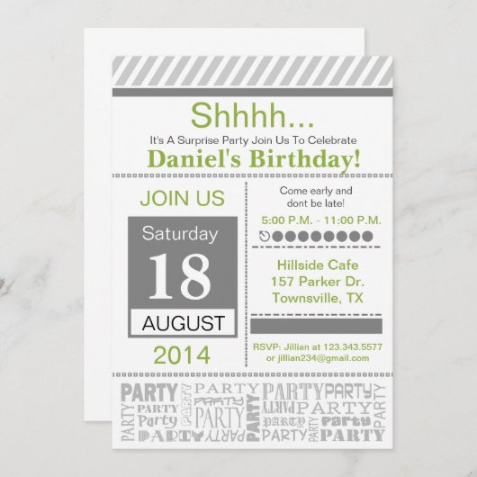 誕生日モダンパーティーの招待の基本グレー 招待状 (正面/裏面)