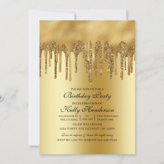誕生日モダンパーティーの金ゴールド滴下パーソナライズされた 招待状 (正面)