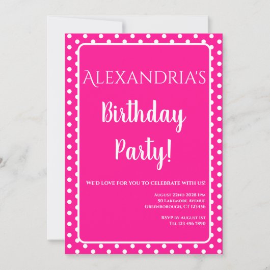 誕生日モダンホットピンク水玉模様 招待状 (正面)