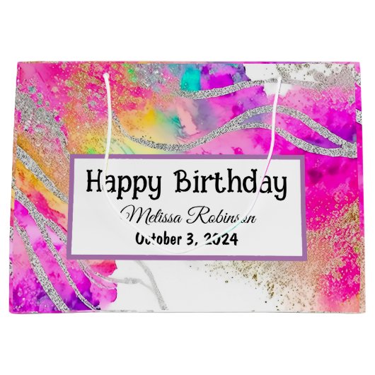 誕生日モダンマルリカラフルーグリッター ラージペーパーバッグ (正面)