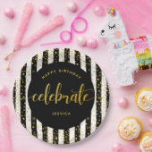 誕生日モダン金ゴールド型グリッタードット白黒 ペーパープレート (パーティー)