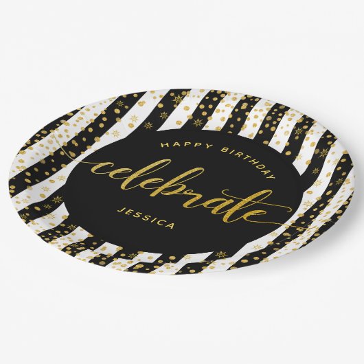 誕生日モダン金ゴールド型グリッタードット白黒 ペーパープレート (アングル)