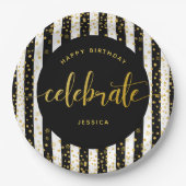 誕生日モダン金ゴールド型グリッタードット白黒 ペーパープレート (正面)