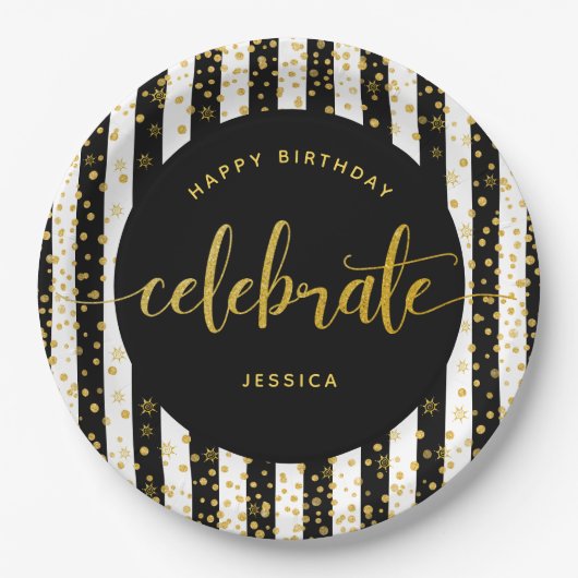 誕生日モダン金ゴールド型グリッタードット白黒 ペーパープレート (正面)
