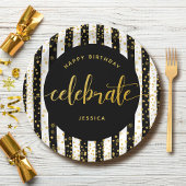 誕生日モダン金ゴールド型グリッタードット白黒 ペーパープレート