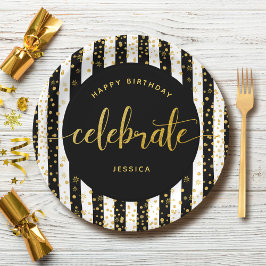 誕生日モダン金ゴールド型グリッタードット白黒 ペーパープレート
