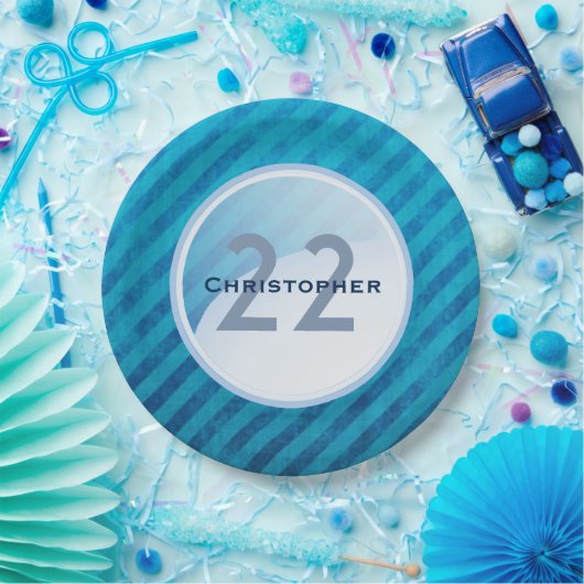 誕生日モノグラム – 青い丸の上の名前と年齢 ペーパープレート (パーティー)