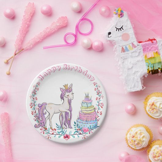 誕生日ユニコーンカラフルウイスカラー花 ペーパープレート (パーティー)