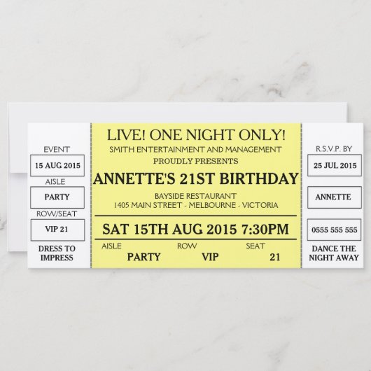 誕生日ユニーク招待状(コンサートチケットスタイル) 招待状 (正面)