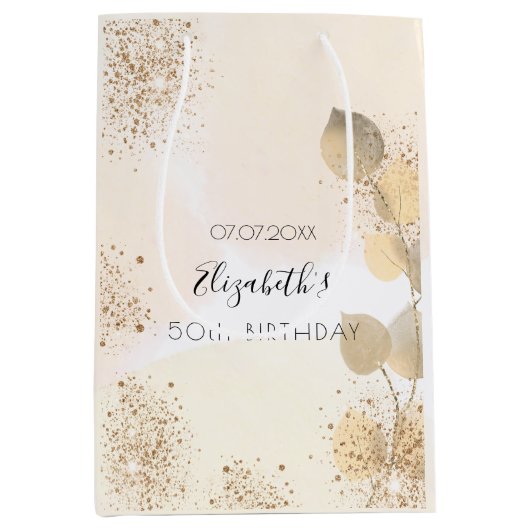 誕生日ユーカリグリッターゴールデンモノグラム ミディアムペーパーバッグ (正面)