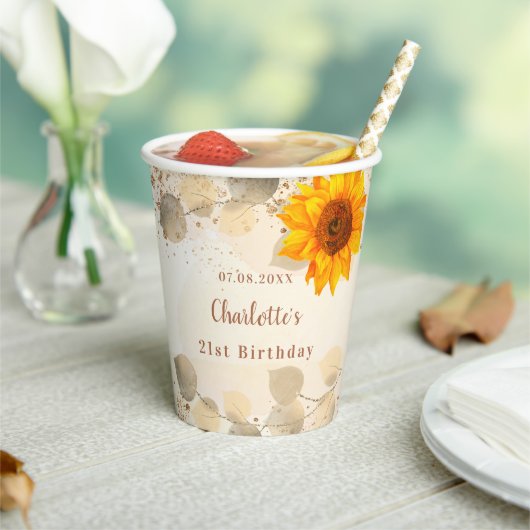 誕生日ユーカリグリッターサンフラワーモノグラム 紙コップ (インサイチュ)