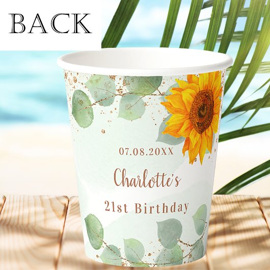 誕生日ユーカリグリッターヒマワリ・モノグラム 紙コップ