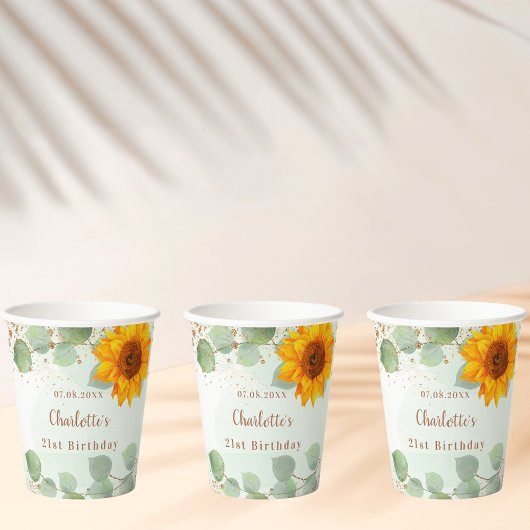 誕生日ユーカリグリッターヒマワリ・モノグラム 紙コップ