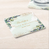 誕生日ユーカリ緑グリッターモノグラム スクエアペーパーコースター (アングル)
