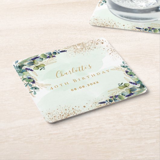 誕生日ユーカリ緑グリッターモノグラム スクエアペーパーコースター (アングル)