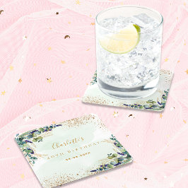 誕生日ユーカリ緑グリッターモノグラム スクエアペーパーコースター