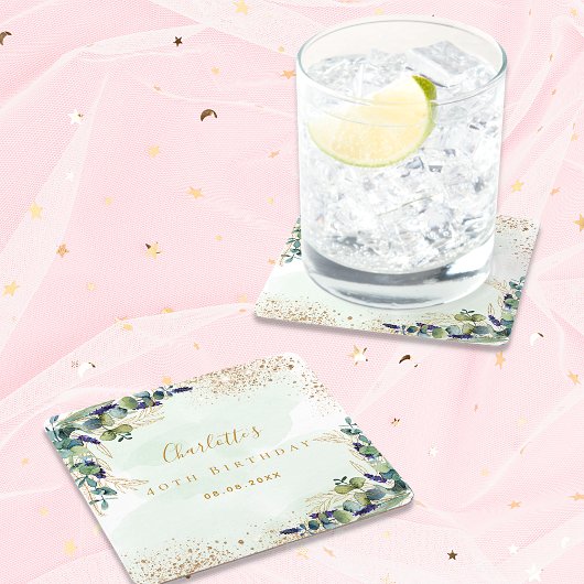 誕生日ユーカリ緑グリッターモノグラム スクエアペーパーコースター