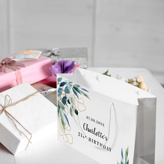 誕生日ユーカリ緑金ゴールドモノグラム ラージペーパーバッグ