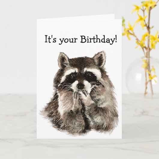 誕生日ユーモアかわいいラクーン動物アート カード (黄色い花)
