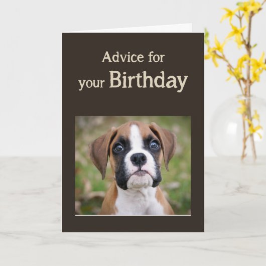 誕生日ユーモアかわいい犬感動的のユーモアアドバイス カード (黄色い花)
