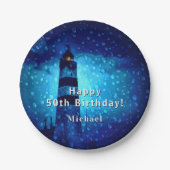 誕生日ライトハウスネイビーブルーナイトモノグラム ペーパープレート (正面)