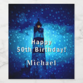 誕生日ライトハウスネイビーブルーナイトモノグラム ワインラベル (シングルラベル)