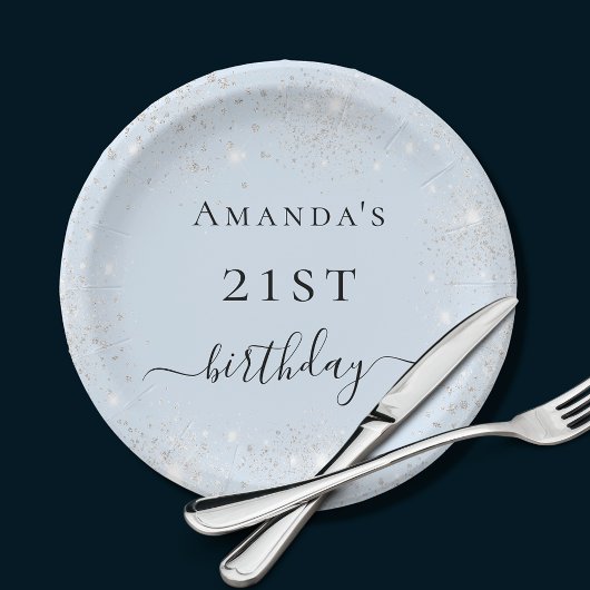 誕生日ライトブルー銀グリッターダストモノグラム ペーパープレート