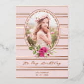誕生日ラグジュアリーピンクフローラガーランドフォト 箔招待状 (正面)