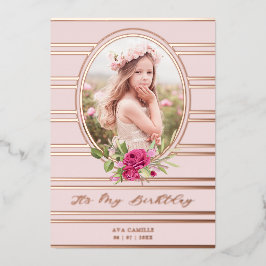 誕生日ラグジュアリーピンクフローラガーランドフォト 箔招待状