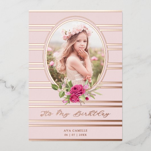誕生日ラグジュアリーピンクフローラガーランドフォト 箔招待状 (正面)